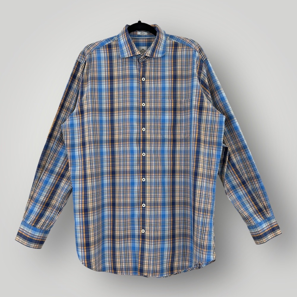 Peter Millar‎ Plaid Shirt Mens Size L Blue Yellow Red Long Sleeve 100% Cotton